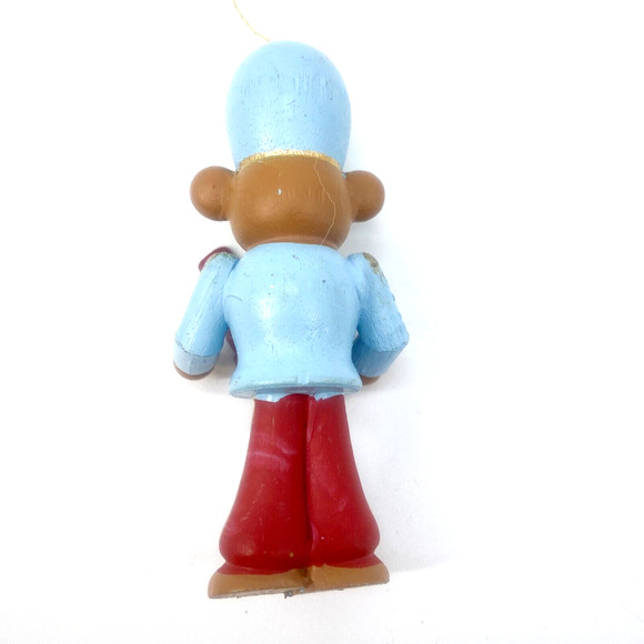 Brown Bear Wood Ornament Holding Playing Red Guitar Blue Top & Hat 3 inches - Picture 2 of 9